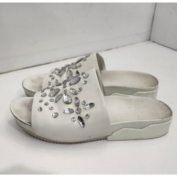 Tory Burch Womens Brae Rhinestones Crystals Embellished Leather Slides White 6.5 - Picture 2 of 8